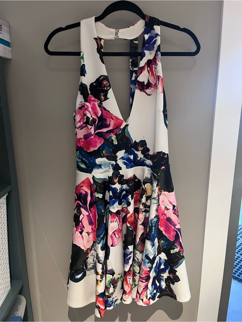 Bebe Floral V-Neck Fit & Flare Dress in White and Multicolor